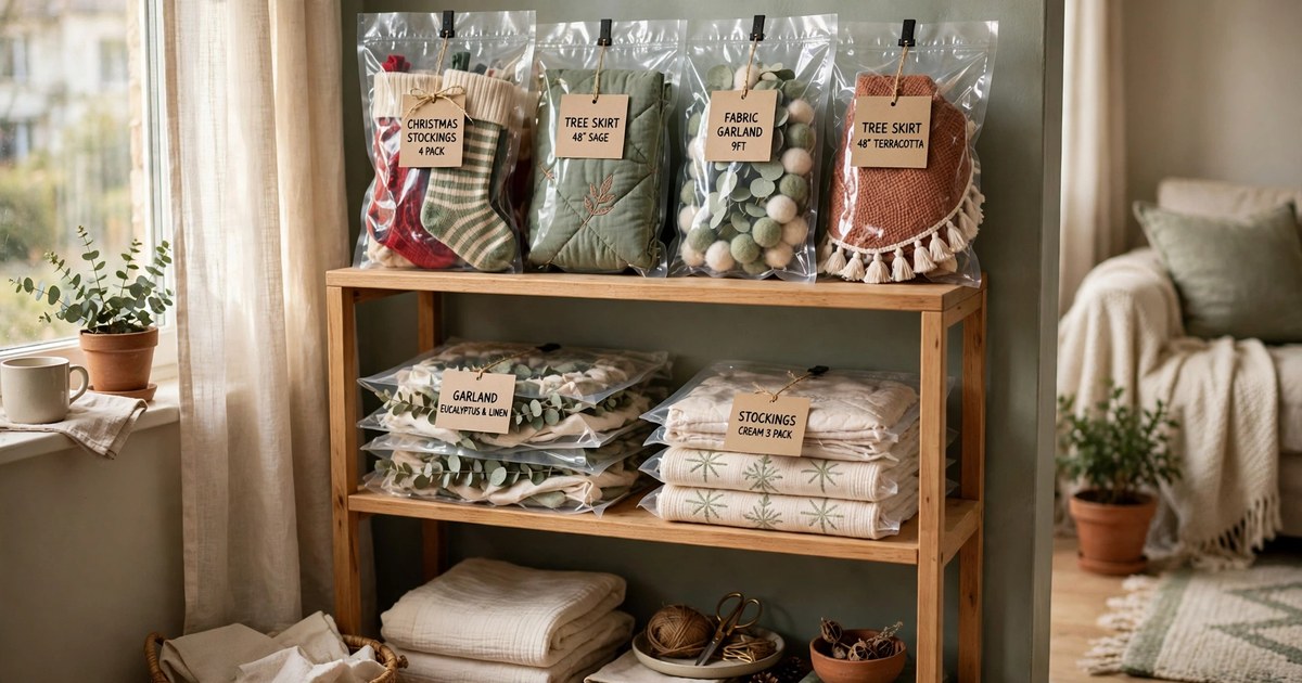 Vacuum-sealed bags of Christmas stockings, tree skirts and fabric garlands stored flat