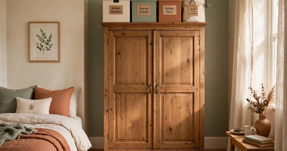 Labeled storage boxes and a wreath bag arranged neatly on top of a wardrobe