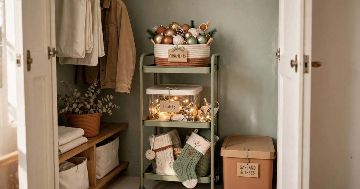 A rolling cart holding Christmas decor bins inside a small apartment closet