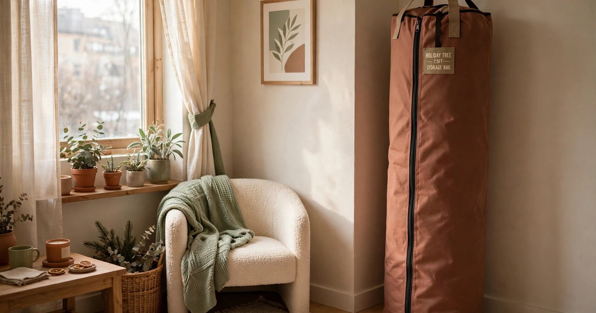 An artificial Christmas tree packed into a long zippered tree storage bag