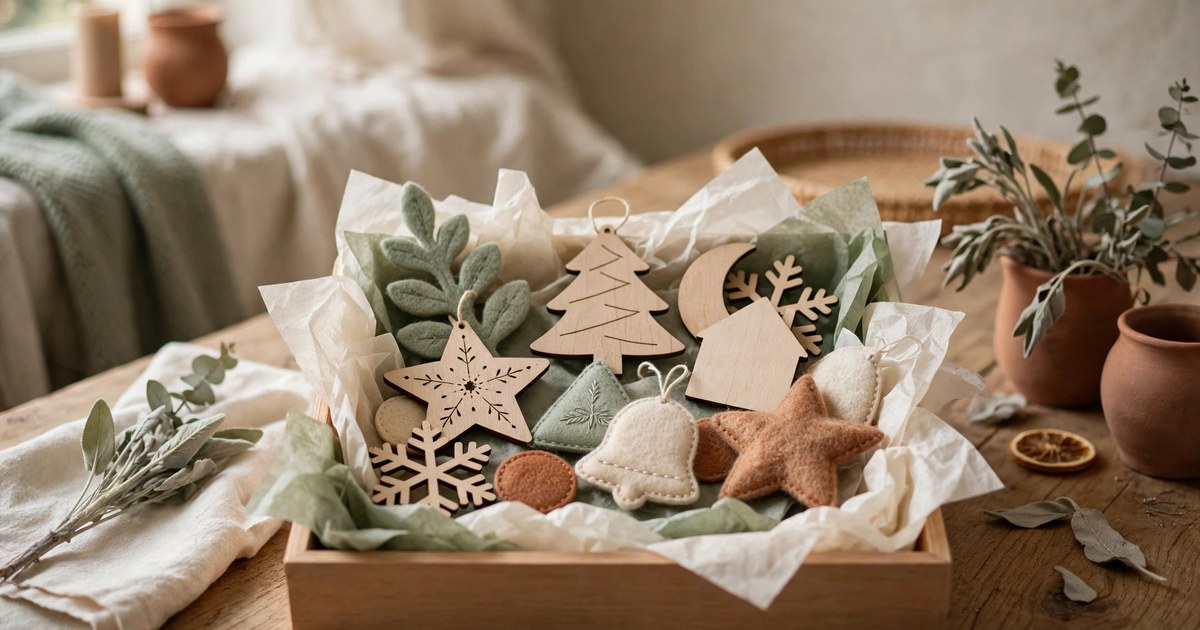 Flat Christmas ornaments layered in tissue inside a clean pizza-style box