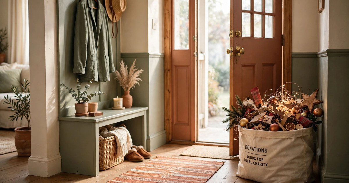 A donation bag of old Christmas decorations by the front door of an apartment