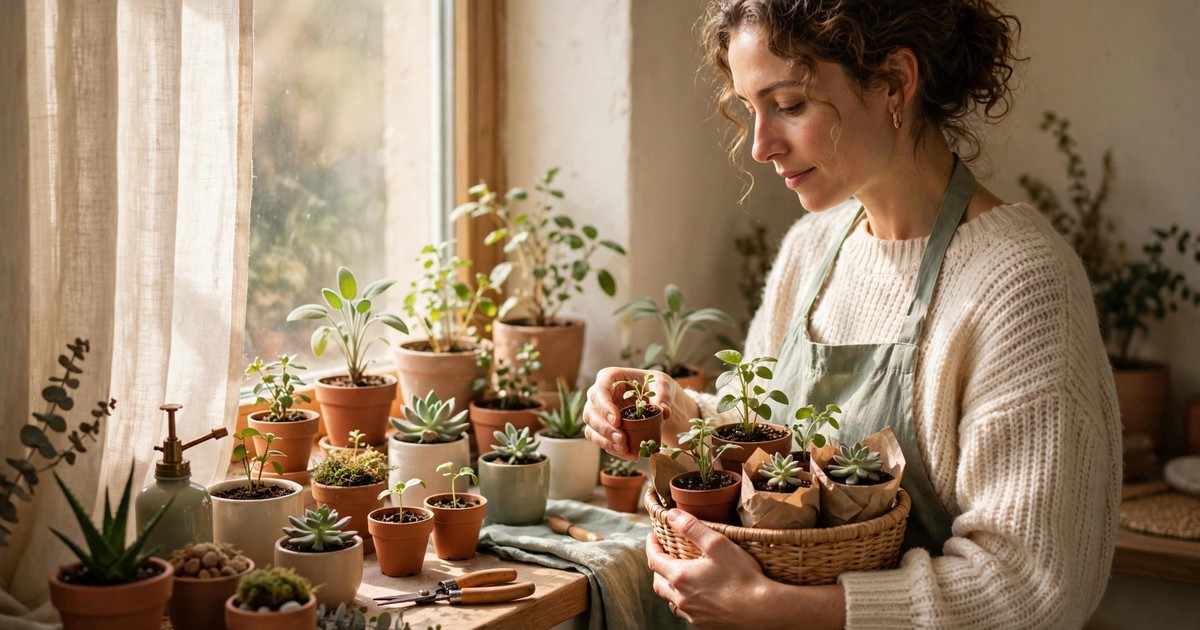 A person gathering small houseplants from a sunny windowsill collection