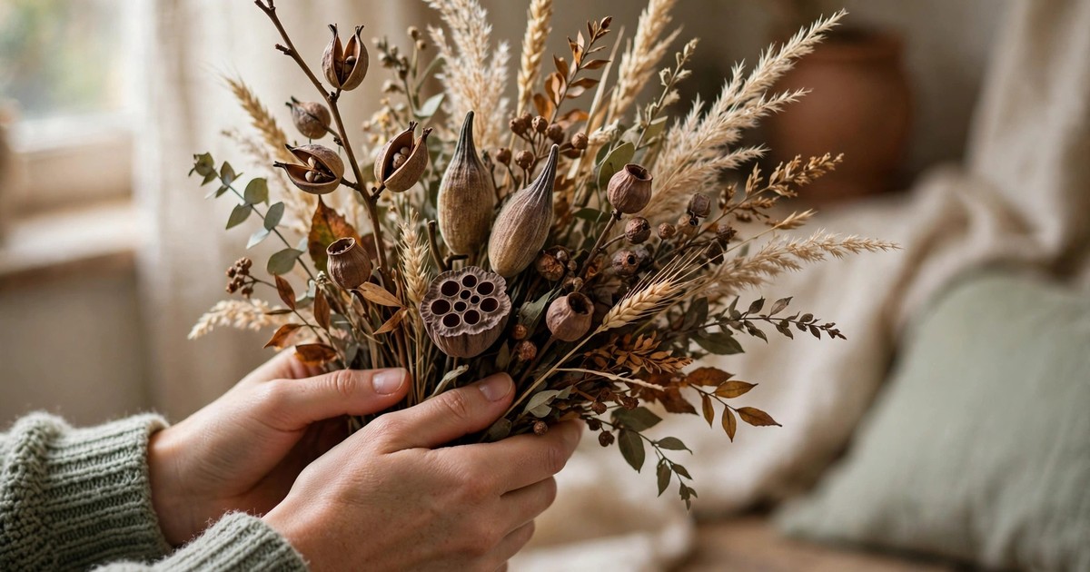 Hands holding freshly foraged autumn branches, seed pods, and dried grasses