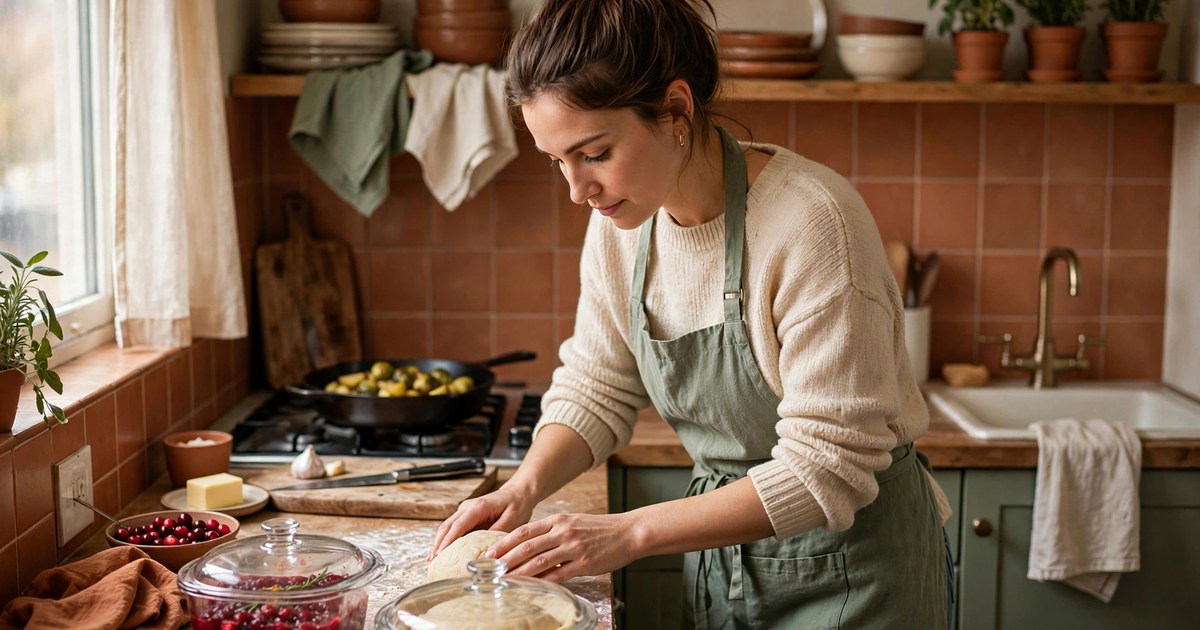 Cook preparing make-ahead Thanksgiving dishes in a small rental kitchen