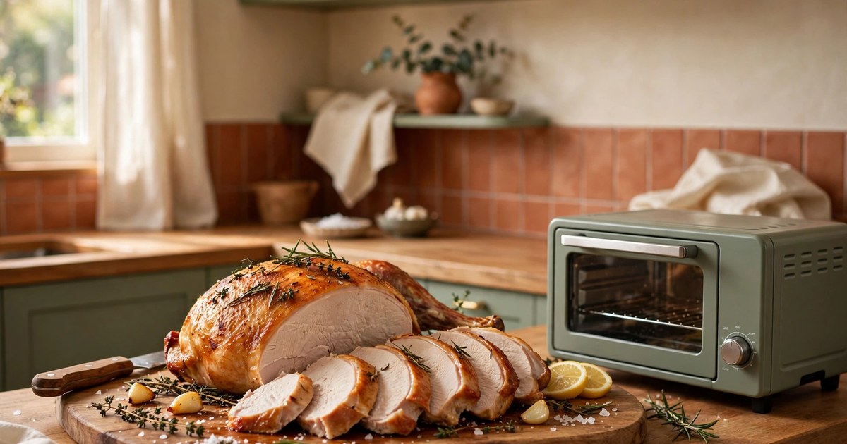 Roasted turkey breast on a carving board in a small kitchen