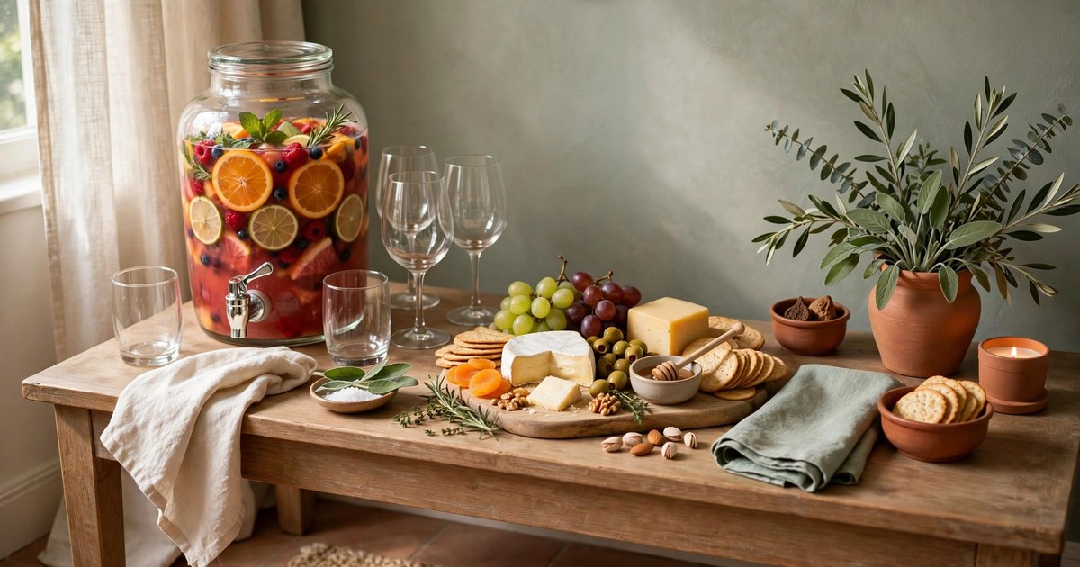 Drinks and appetiser station set up on a sideboard away from the kitchen