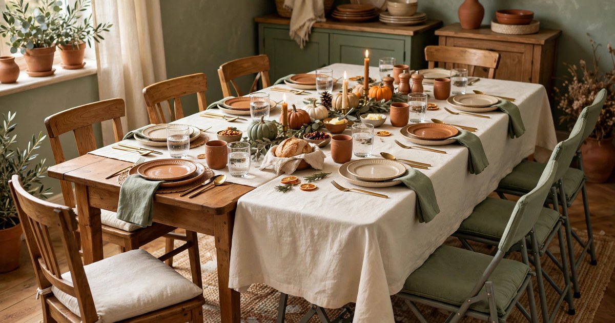 Small dining table extended with an extra table to seat Thanksgiving guests