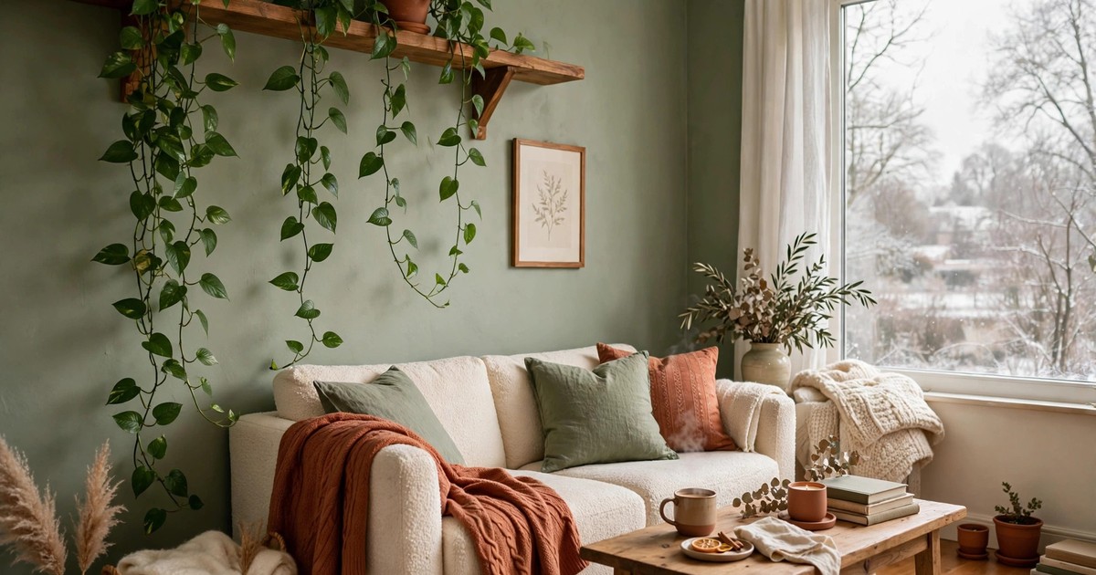 A pothos trailing down from a high shelf in a cozy winter living room