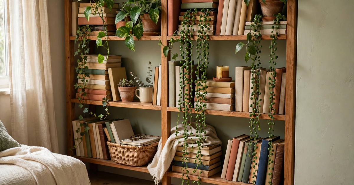 Trailing plants cascading down a bookshelf between books in a cozy apartment