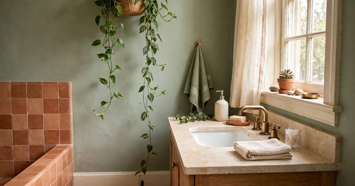 A trailing plant in a bright bathroom with humidity-loving vines near a window