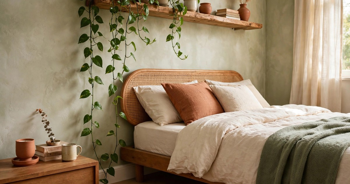 Trailing vines falling beside a bed from a shelf above the headboard
