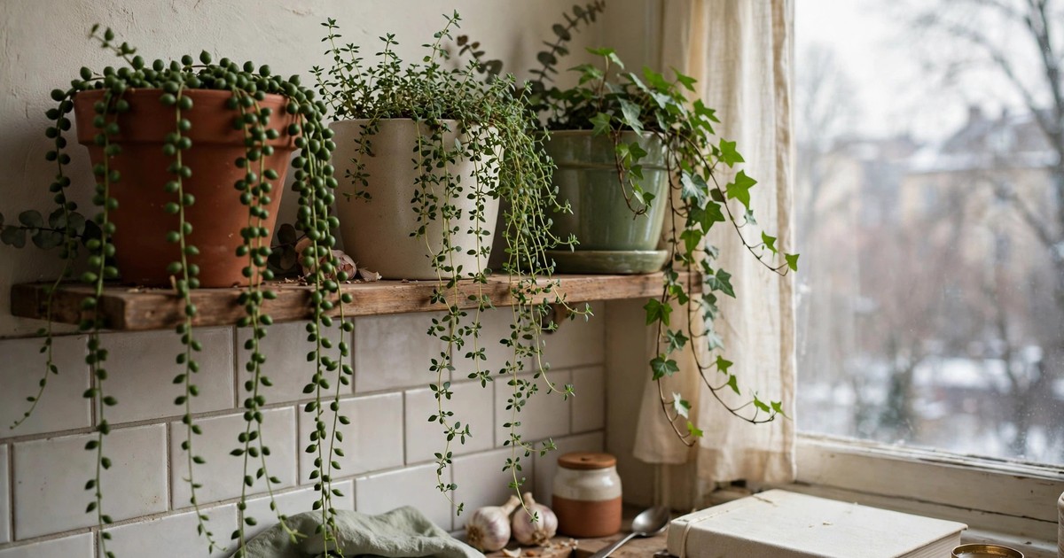 Trailing herbs in pots on a kitchen shelf with winter light in a small apartment