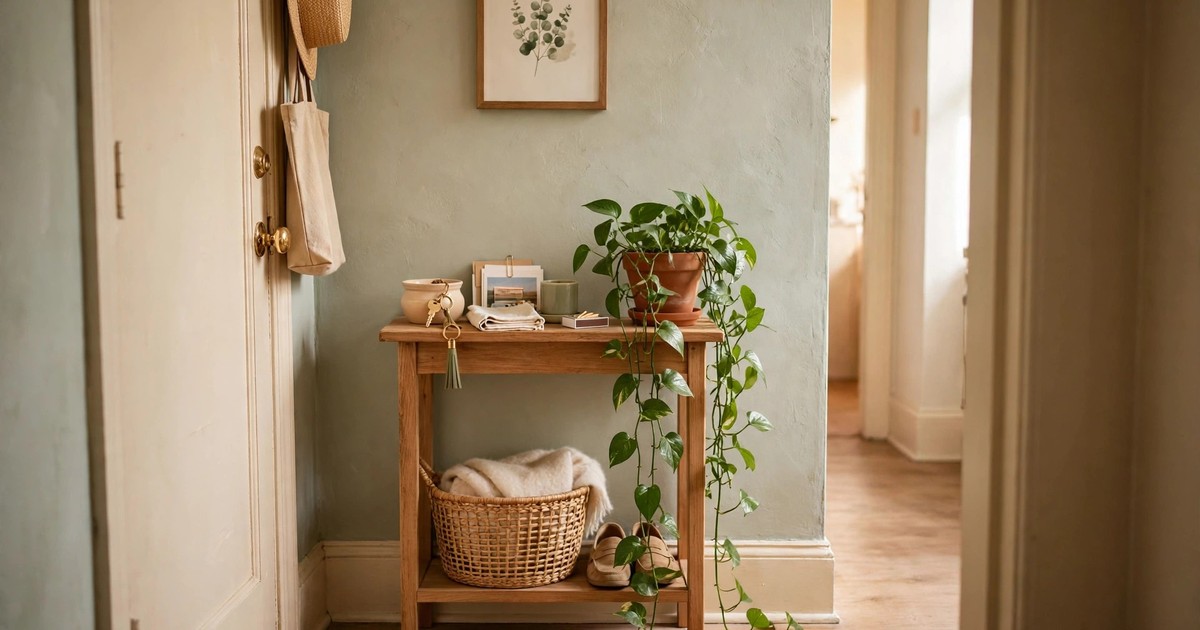 A trailing plant cascading from a hallway console table in a small apartment entryway