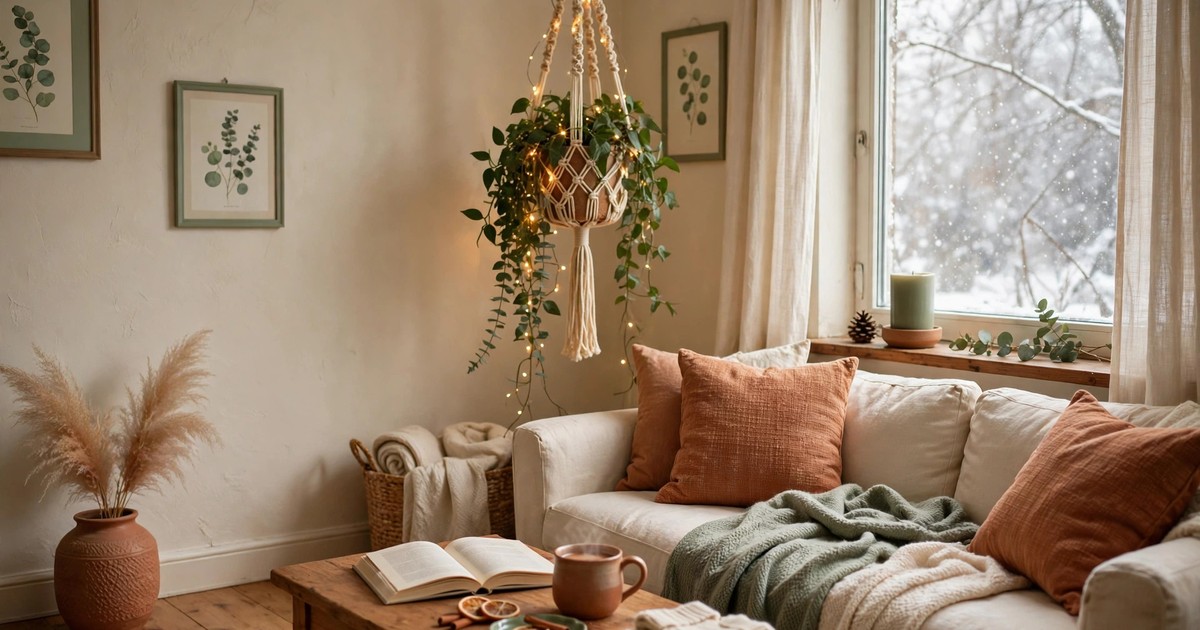 A trailing plant in a macrame hanger with warm fairy lights in a winter living room