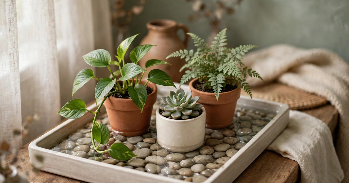 Potted houseplants sitting on a pebble tray filled with water