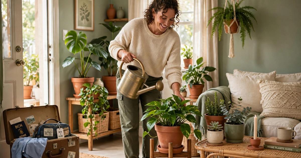 A person returning from holiday checking thriving houseplants with a watering can