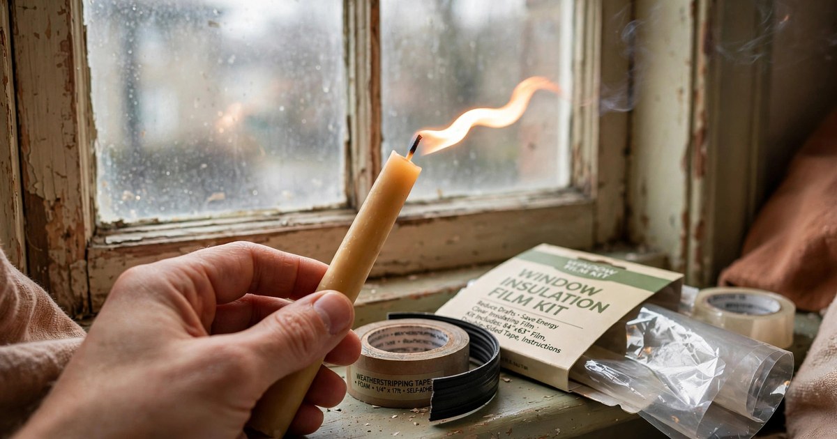 Close-up of a hand holding a lit candle near an old rental window, the flame leaning sideways to reveal a draft