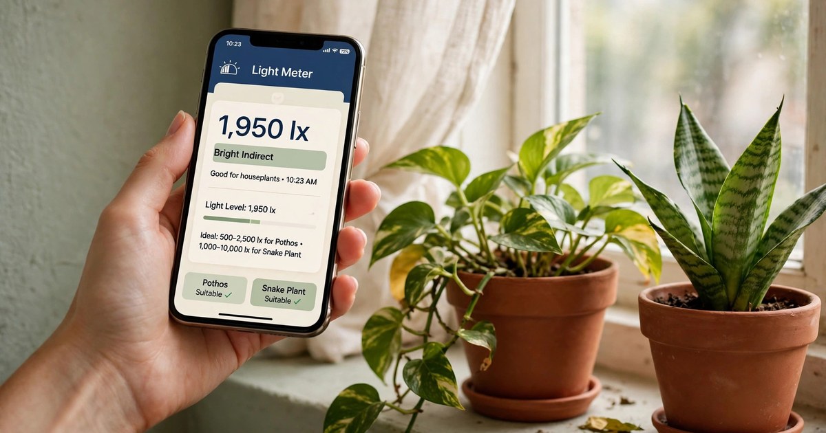 Checking light levels on a rental apartment windowsill with a phone app before choosing plants