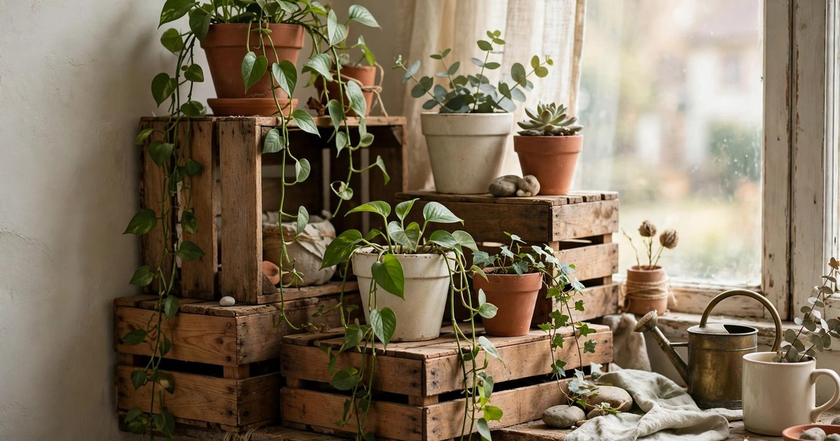 Terracotta and cream pots layered on thrifted wooden crate risers on a windowsill
