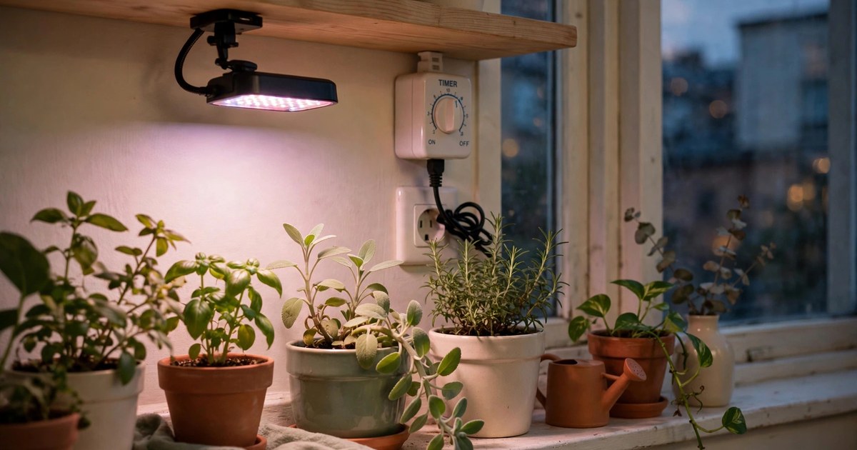 Clip-on LED grow light glowing over winter windowsill plants in a rental apartment