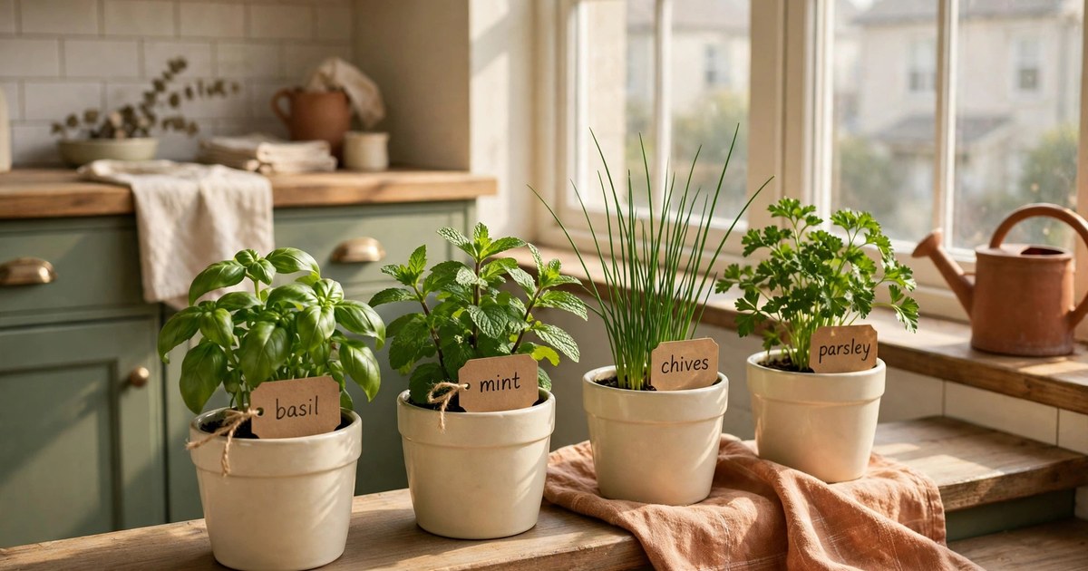 Small pots of basil, mint, chives and parsley growing as a mini herb garden on a windowsill