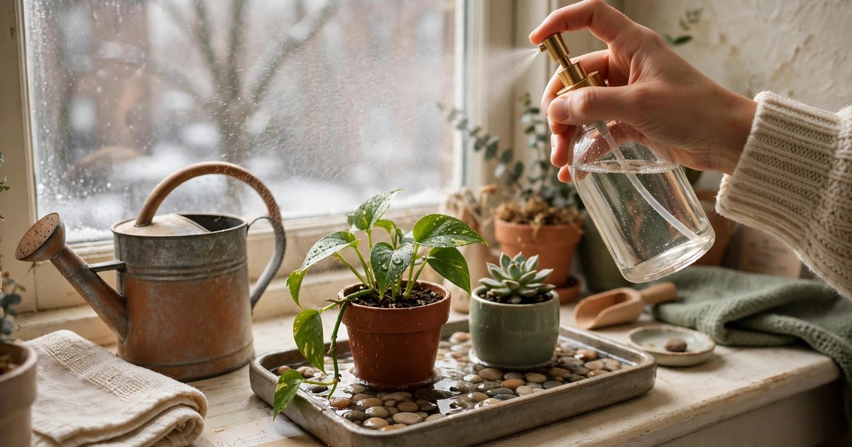 Hand rotating a potted plant on a pebble humidity tray on a winter windowsill