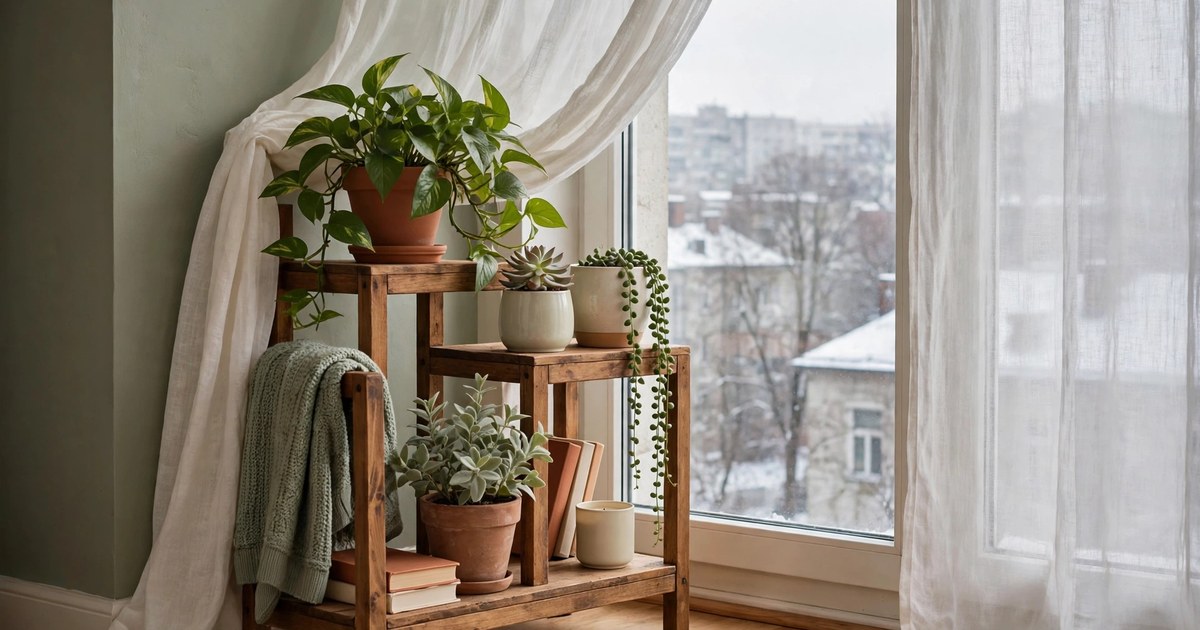 Houseplants moved away from a drafty apartment window with sheer curtains in winter light
