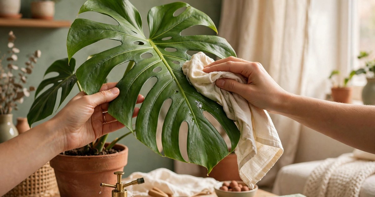 Hands wiping a large monstera leaf with a damp cloth during plant care