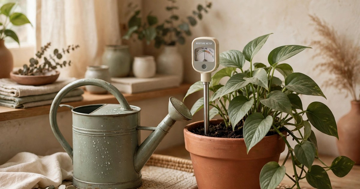 Watering can beside a moisture meter stuck in a potted plant's soil
