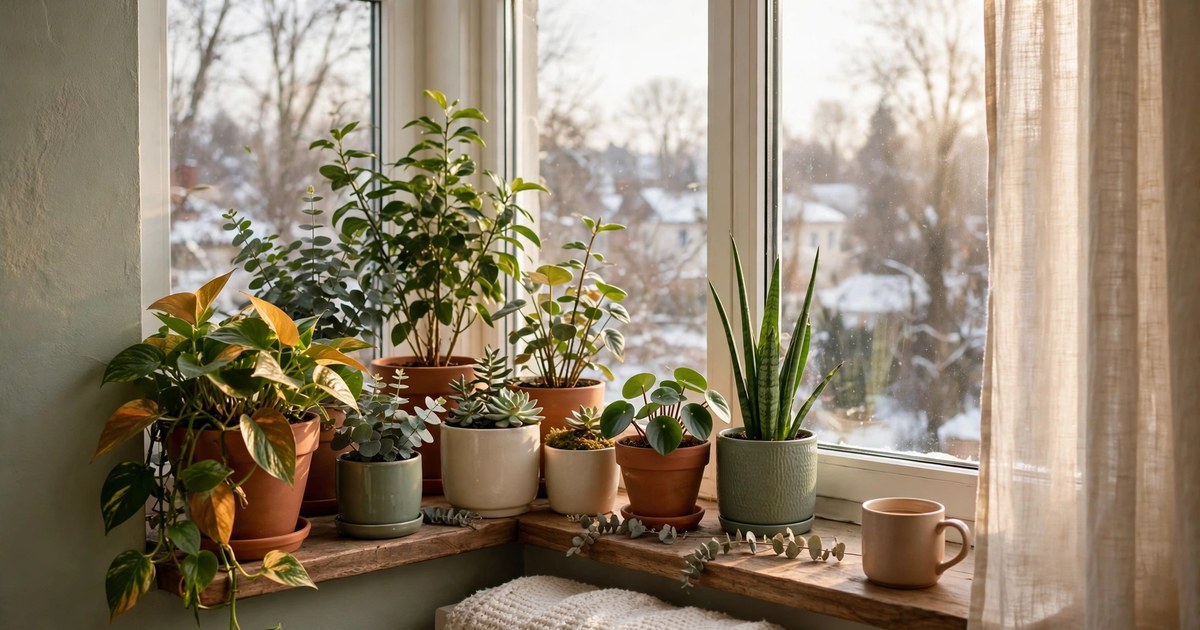 Houseplants arranged close to a bright clean apartment window with winter sunlight
