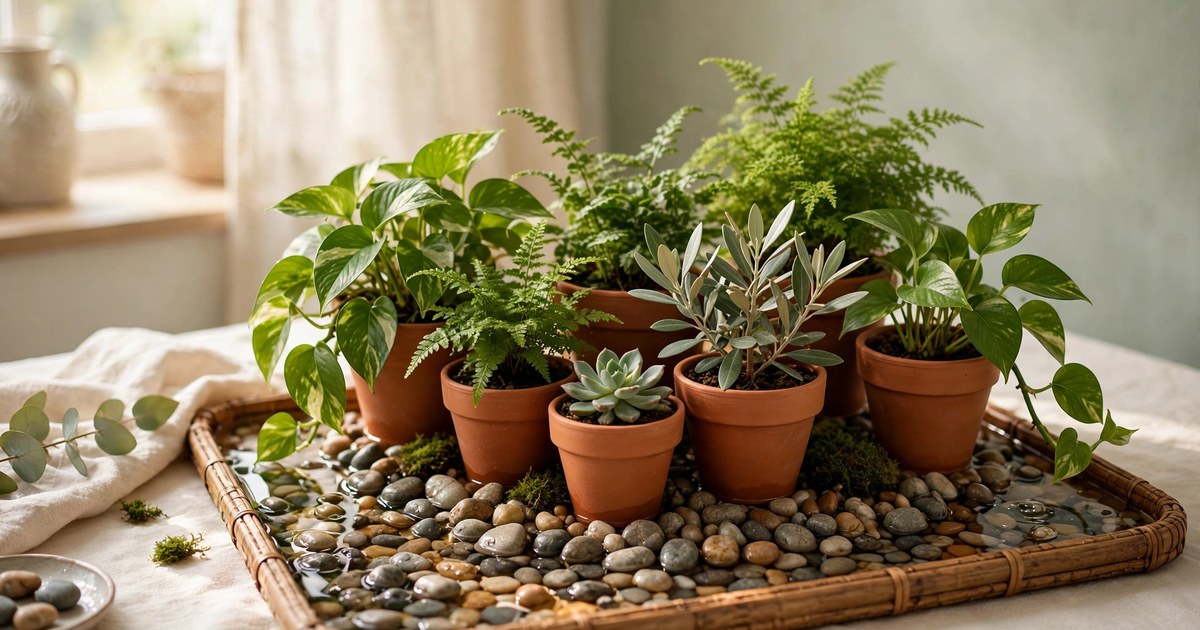 Pebble tray with water under potted plants grouped together for humidity