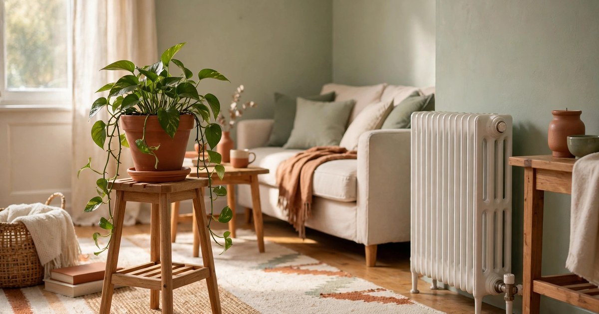 Houseplant placed at a safe distance from a radiator with a heat deflector in a cozy apartment